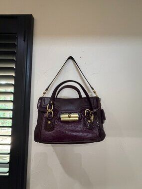 Coach Kristin Spectator Satchel Embossed Ostrich/Mixed leather flap bag in Plum